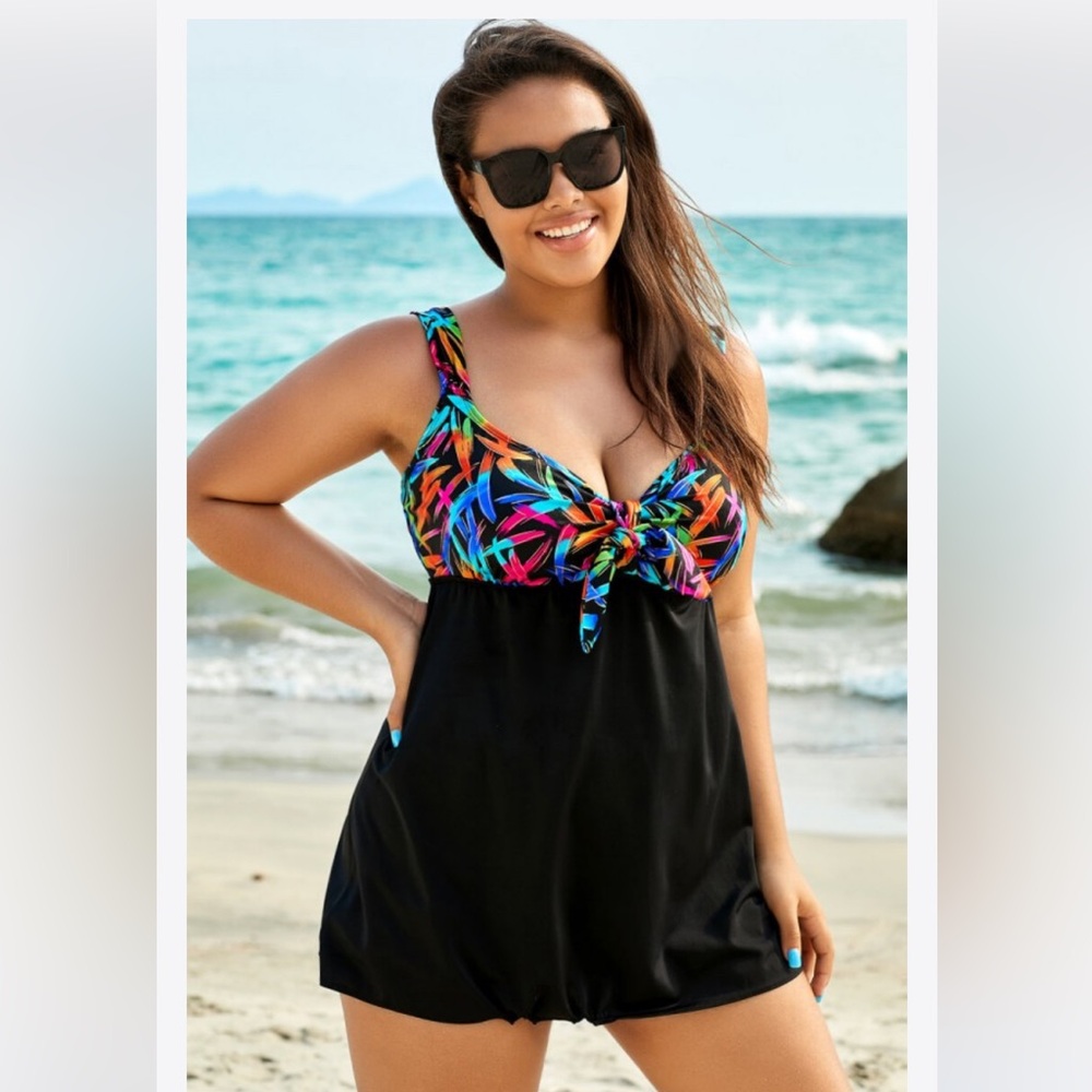 MEETCURVE Tie-Front V Neck Skirted Tummy Control One Piece Swimsuit Dress XL - Picture 1 of 12
